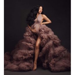 New Robes With Bow Ruffled Layered Long Puffy Women Tulle Maternity Dress Custom Made For Photography