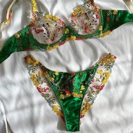 Bras Sets Yimunancy 2-Piece Lace Bra Set Women Embroidery Green Floral Panty Underwear Sexy Lingerie SetBras2433