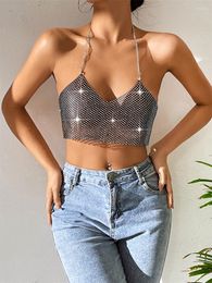 Women's Tanks Bling Rhinestones Metallic Crop Top For Women Sexy Backless Bralette Party Halter Camisole Full Diamonds Sequins Tank Tops Y2K