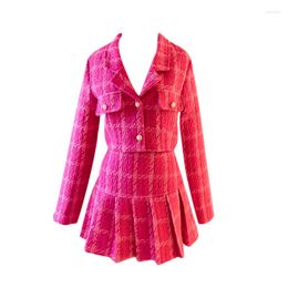 Work Dresses High-Quality Tweed Suit Autumn Fashion V-neck Plaid Short Jacket A-line Pleated Skirt Two-Piece Female