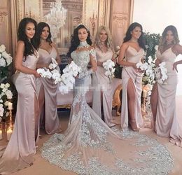 2023 Custom Made Blush Bridesmaid Dresses Sexy Spaghetti Straps Side Split Backless Satin Plus Size Party Gowns Wedding Guest Maid of Honor