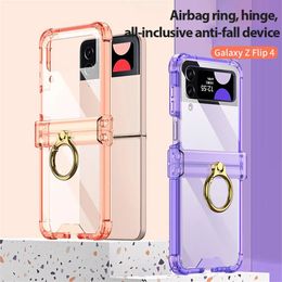 For Samsung Galaxy Z Flip 3 4 5 Flip4 flip5 Case Transparent Ring Holder Bracket Folding Hinge Four Corner Shockproof Silicone Back Cover