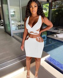 Work Dresses Sexy Bandage Two Piece Hollow Out Set Women Evening Clubwear Drawstring Short Tops And Skirts High Waist Night Club Outfits