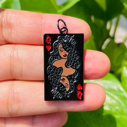 Charms 5pcs Micro Pave Afro Black Queen of Heart Card Charms Pendant Women Bracelet Necklace Making Bling Jewelry Wholesale 230907