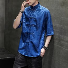 Men's Casual Shirts Chinese Traditional Dragon Kung Fu Shirt Top Plus Size Short Sleeve Elegant Tang Jacquard Gentleman 230907