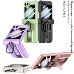 Luxury Magnetic Hinge Vogue Phone Case for Samsung Galaxy Z Folding Flip5 5G Invisible Bracket Full Protective Carbon Fibre Membrane Fold Shell with Ring Holder