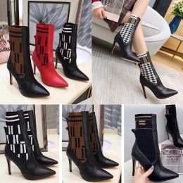 New Letter Designer Real Leather Martin Boots Womens Stretch Knit Sock Boot Slimming Ankle Boot Round Toe Lace-up Single Bootie