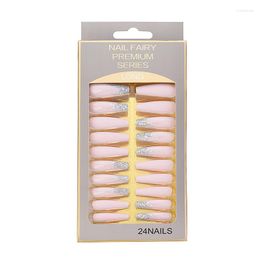 False Nails Wearable Pale Pink Matte 24pcs Long Coffin Glitter Ballet Full Cover Nail Tips