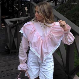 Women's Blouses Korean Style Chic Women Lace Patchwork Pink Blouse Shirts Ruffles Big Lapel Blousa Long Sleeve Button Ruffle Tops Autumn