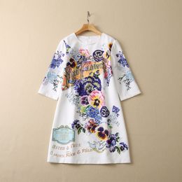 2023 White Floral Print Beaded Dress 3/4 Sleeve Round Neck Sequins Knee-Length Casual Dresses S2D072323