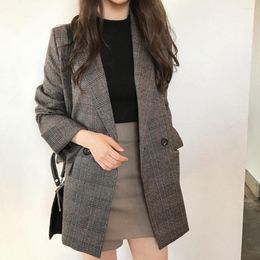 Women's Suits 2023 Spring Winter Korean Style Loose Retro Blazers Plaid Double Breasted Pockets Formal Jackets Checkered Outerwear Top