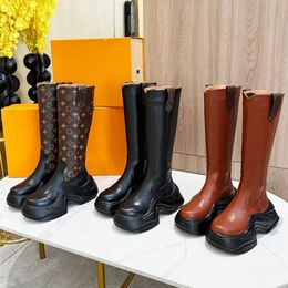 Designer Calf Leather Platform High chunky knee high boots with Brand Logo, Oversized Rubber Sole, and Knee Strap for Women