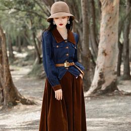 Work Dresses YOSIMI Vintage Elegant Ladies Two Piece Set Outfits 2023 Autumn/Winter Patchwork Long Sleeve Jacket And Velvet Skirt Suit