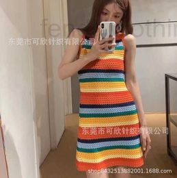 Basic & Casual Dresses designer Wind Knitted Hollow Rainbow Stripe Round Neck Sleeveless Tank Top Dress Embroidery Autumn 2023 BBLG