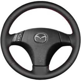 Four Seasons Universal Black Hand Sewn Leather Steering Wheel Cover Suitable for Mazda 6 Old Models 04-15