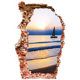 Wall Stickers 3D Broken Sea View Mural Sailboat Vinyl Poster Home Decoration for Living Room Sunrise Landscape Wallpaper 9060CM 230907