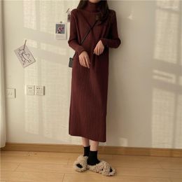Casual Dresses Women's Knitted Dress 2023 Autumn Winter Half High Collar Full Sleeve Korean Loose Fashion Female Warm Long Sweaters