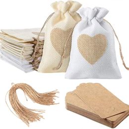 Other Event Party Supplies 50 Pcs Wedding Candy Drawstring Jute Bags Heart Sewing Christmas Package Pouches 10x14cm Party Gift Pocket with Tags 230907