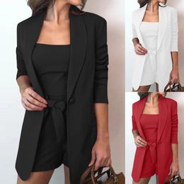 Women's Suits 4PC Casual Light Weight Thin Jacket Slim Coat Long Sleeve Office Business Shorts Coats Vest Belt Outwear
