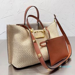 2023-Large Capacity Straw Woven Shopping Bag Women Tote Bags Gold Hardware Buckle Handbag With Purse Leather Handle High Quality Lady Beach Bag Clutch