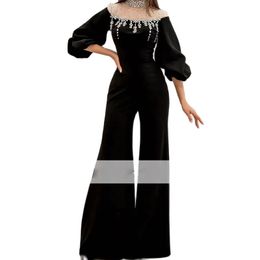 Newest Crystal Jumpsuit Evening Dresses Beaded Neck Long Sleeve Outfit For Special Ocn Dress One Pieces Flared Pant 326 326