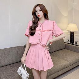 Work Dresses Pink Summer Short Sleeve Jacket High Waist Pleated Skirt Suit Women Two Pieces Sets