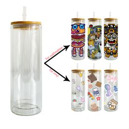 USA warehouse blank sublimation double walled clear glass 20oz skinny straight snow globe glitter with bamboo lid and straw for Customised gifts 25pcs/case