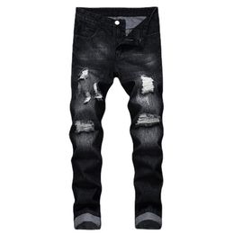 Men's Jeans Black Hole Denim Men Slim Solid Colour Bleached Ripped Full Length Casual Trousers Cowboy High Quality Fashion3022