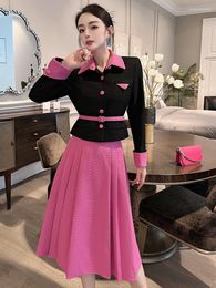 Work Dresses Autumn Winter Two Piece Dress Set For Women Outfit Elegant Colour Block Jacket And Skirt Suits Black Conjuntos Para Mujeres