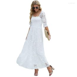 Casual Dresses Summer White Lace Crochet Pleated High Waisted A-line Long Dress With Waistband Closure