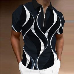 Men's Polos 2023 Abstract 3d Print Graphic Men'S Zip Polo Caucal Stripes Lapel Simple Shirts Man Golf Short Sleeves Men Clothing 230907