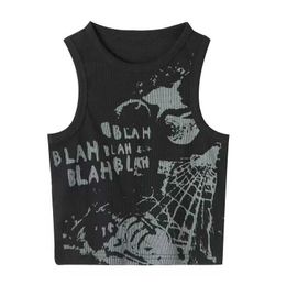 Deeptown Kpop Streetwear Graphic Black Tank Tops Woman American Retro Y2k Slim Letter Crop Top Grunge Hippie Summer Vest Female