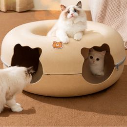 kennels pens Cute Cartoon Shaped Interactive Toy for Cats House Felt Tunnel Cave Beds Removable Donut with Zipper Nest Basket Kitten Supplies 230907
