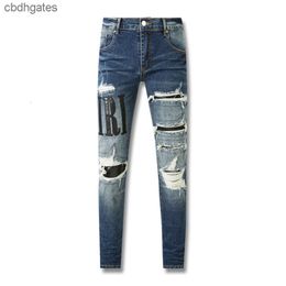 Demin Amiirii High Purple Jeans 2023 Mens American Fashion Jean Street Blue Distressed Patchwork Letter Live Streaming