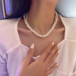 Choker Korean Simple Handmade Imitation Pearl Necklaces For Women Gothic Vintage Gold Silver Short Chain Elegant Chokers Accessories