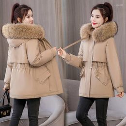 Women's Trench Coats Winter Women 2023 Hooded With Fur Collar Solid Puffer Jackets Pockets Cotton Padded Casual Warm Parka S T178