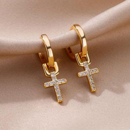 Dangle Earrings Zircon Cross For Women Girls Stainless Steel Drop Earring 2023 Trending Couple Wedding Aesthetic Jewellery Aretes