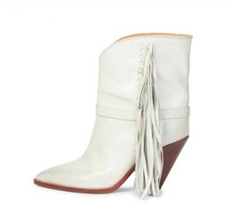 Fashion White Fringe MidCalf Boots Woman Spikes Heels Solid Microfiber Pointed Toe Botas Factory Customize Shoes