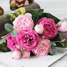 Decorative Flowers Rose Peony Artificial Silk Valentines Day Gift Small Bouquet Flores Home Party Wedding Decoration Mariage Fake Flower