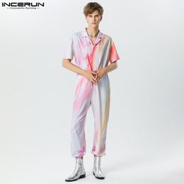 Men's Pants INCERUN Men Jumpsuits Tie Dye Gradient Lapel Short Sleeve Streetwear Fashion Overalls Drawstring Loose Casual Rompers S-5XL 230907