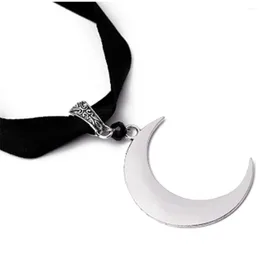 Choker Black Velvet With Silver Moon Charm - Gothic Crescent Necklace