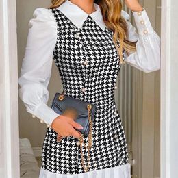 Casual Dresses Wepbel Elegant Shirt Collar Dress Women Long Sleeve Mini Slim Fits Houndstooth Pleated Double-breasted Office Lady