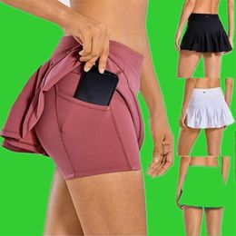 Lu Yoga Tennis Skirt Running Sports Golf Skirt Mid-waist Pleated Skirt Back Waist Pocket Zipper Gym Cloth jlleGa265u