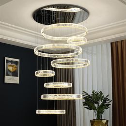 Modern LED Crytal Ring Large Chandelier For Duplex Villa Hollow Spiral Staircase Luxury Stainless Steel Long Pendant Lamps 3 Color221R