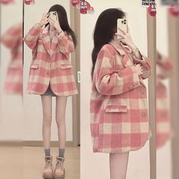 Women's Suits Suit Pink Plaid Woolen Coat Autumn And Winter 2023 Retro Fashionable Lady Outerwear Girl Jacket Women Clothes