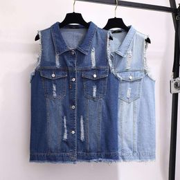 Fat Autumn Denim Vest Loose Slimmer Sleeveless Raised Edge Hole Korean Version Of Plus Size Womens Clothing