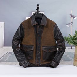 Couro masculino falso typemen vintage marrom casual jaqueta de couro genuíno clássico lona emenda panohorsehide jaquetas ocidentais 230908