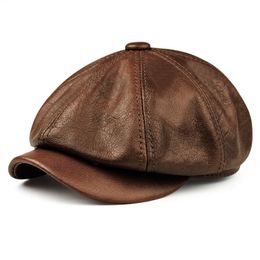 Berets Hats Men Winter 100% Genuine Leather Warm Cap Male Beret Painter Boina Cowhide Octagonal Casquette High Quality Streetwear 230907