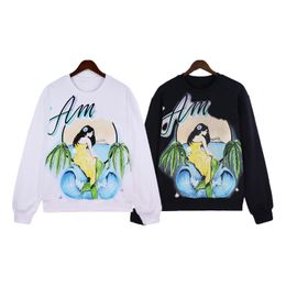 Mens Hoodies Sweater Round Neck Pattern Retro Mermaid Loose Cotton Trendy Long Sleeve Sweatshirts