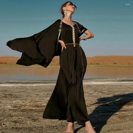 Ethnic Clothing Dress For Women Handmade Beaded Black Cape Robe Beach Travel With Belt Dubai Middle East Fashion Clothes